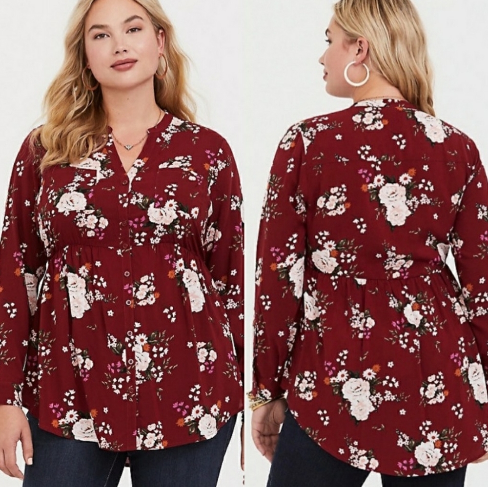 Torrid Red Burgandy Maroon Floral Peplum Plus Size V-neck Button-up Top 0x